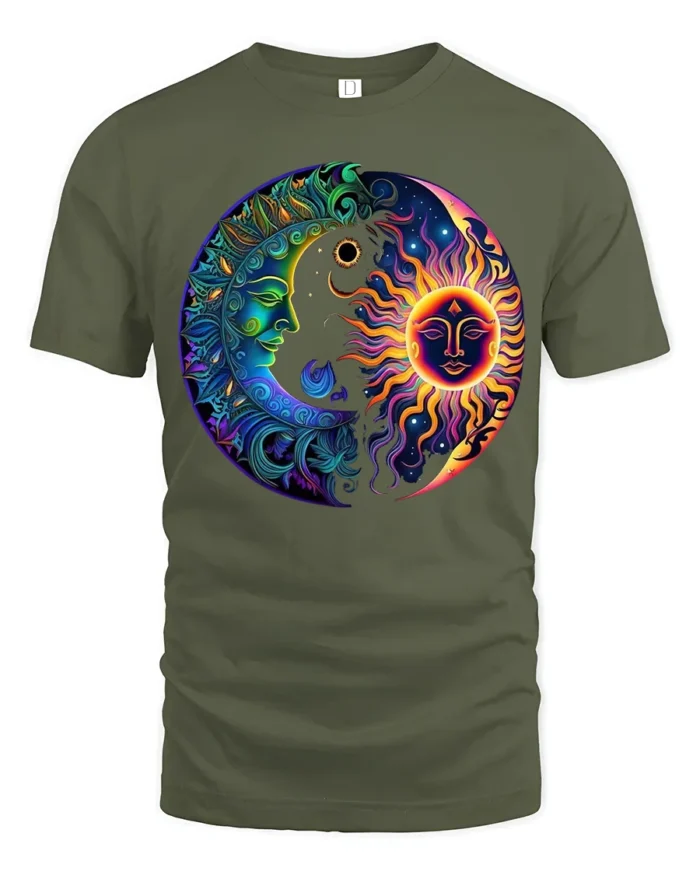 Celestial Energy T-Shirt Sun Moon Mandala Print Shirt - military green t-shirt on white background