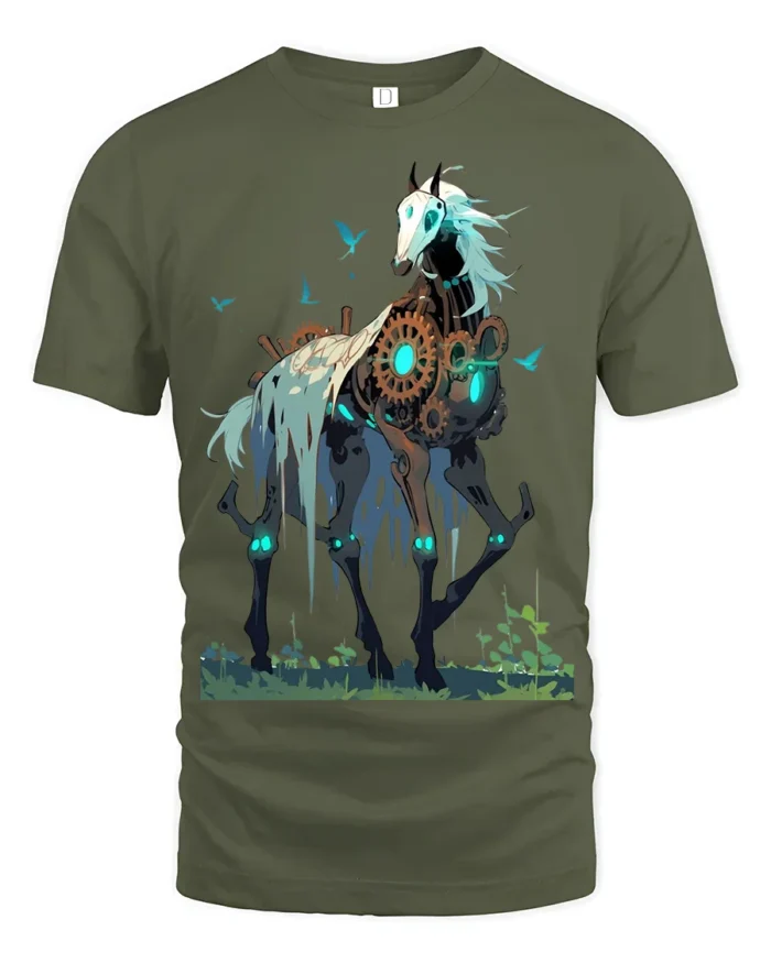 Steampunk Skeleton Horse T-Shirt Fantasy Dark Art Tee - military green t-shirt on white background