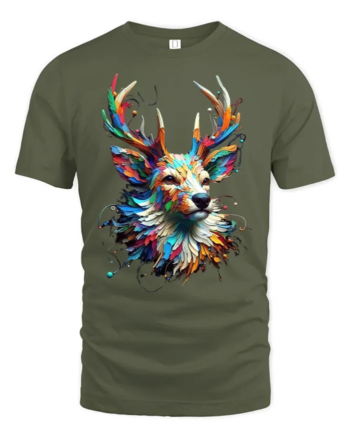 Psychedelic Deer T-Shirt Bold Colorful Nature Shirt - military green t-shirt on white background