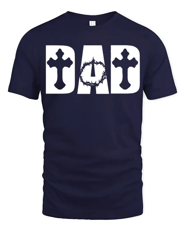 Christian Dad T-Shirt with Cross and Crown of Thorns Print - navy t-shirt on white background