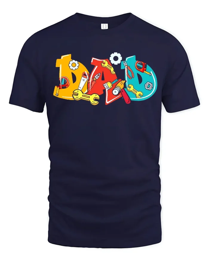 Colorful Dad T-Shirt with Tools Fun Father’s Day Gift Tee - navy t-shirt on white background