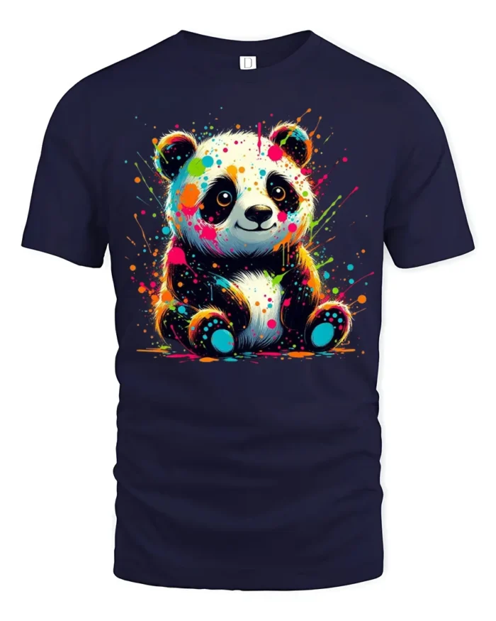 Neon Paint Splash Panda T-Shirt Vibrant Animal Art Tee - navy t-shirt on white background