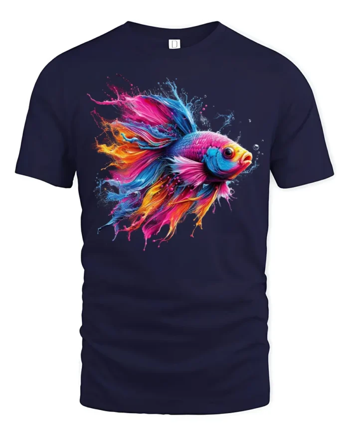 Color Splash Betta Fish T-Shirt Artistic Aquatic Tee - navy t-shirt on white background