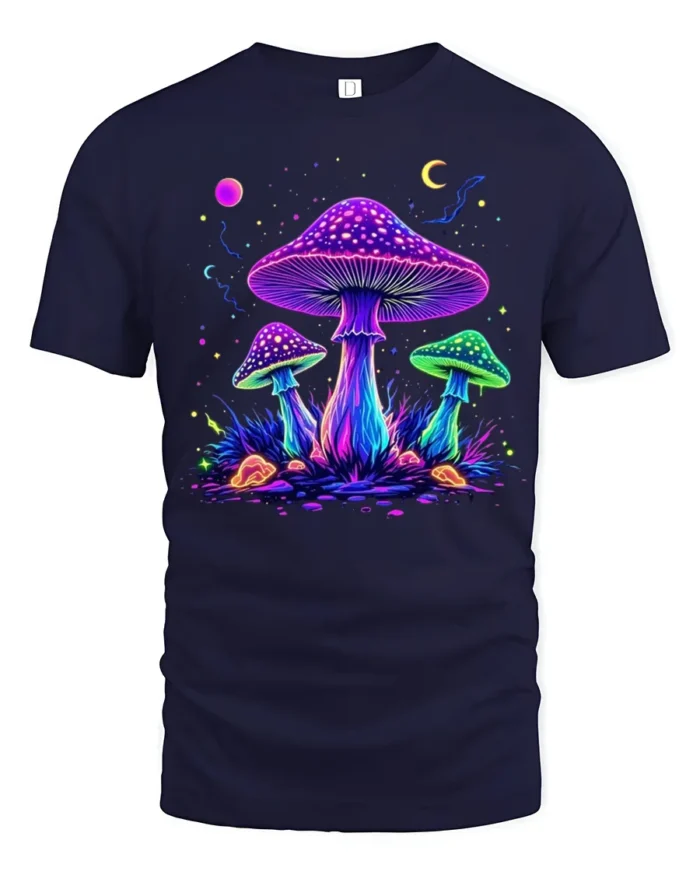 Psychedelic Glow Mushroom T-Shirt Trippy Nature Tee USA - navy t-shirt on white background