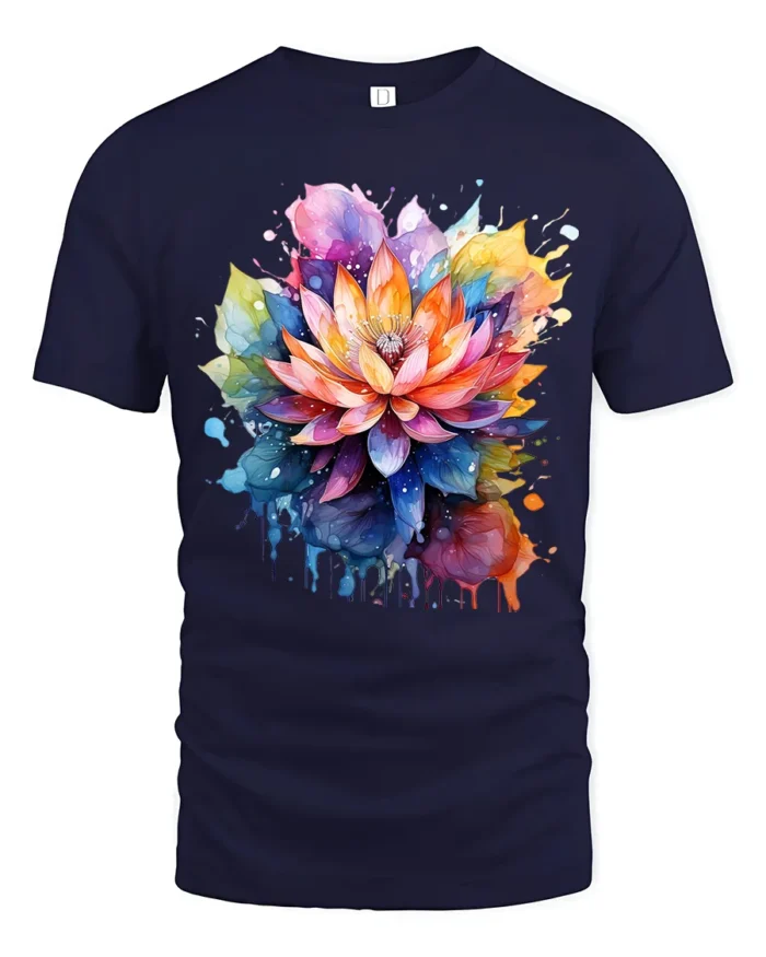 Psychedelic Lotus Flower T-Shirt Bold Botanical Design - navy t-shirt on white background