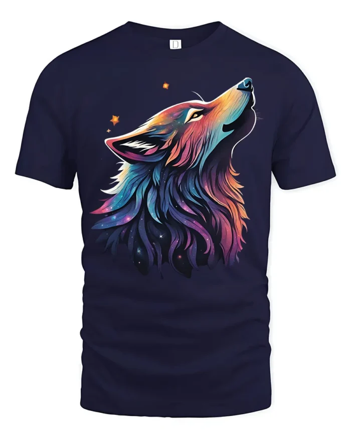 Galaxy Wolf Spirit T-Shirt Vibrant Cosmic Animal Tee - navy t-shirt on white background