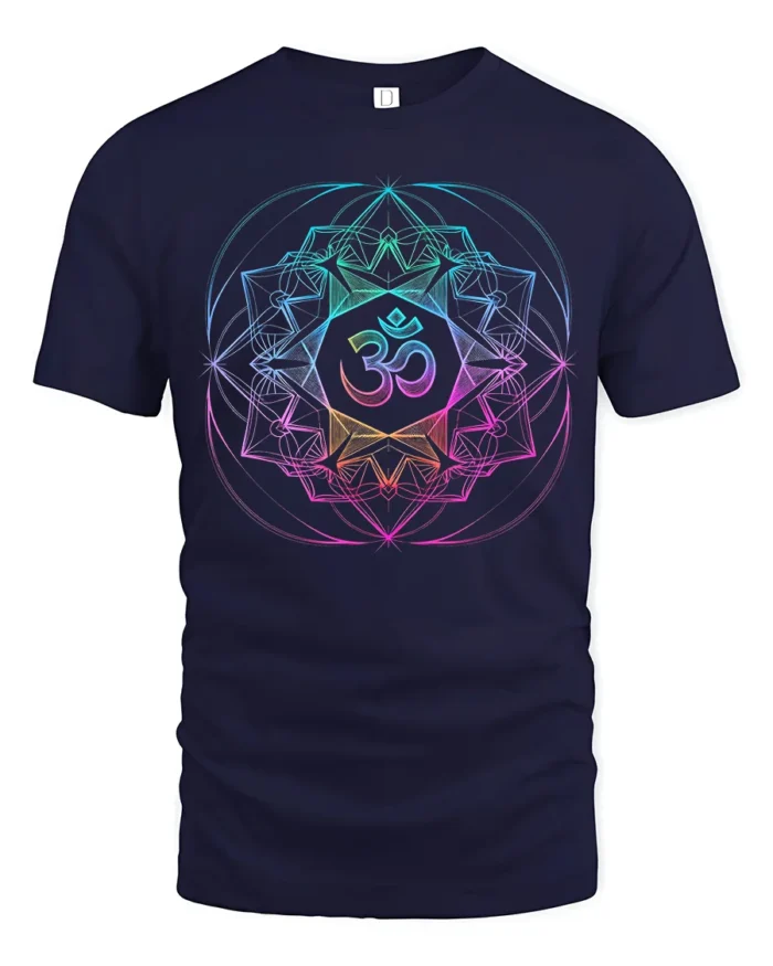 Om Symbol Yoga T-Shirt Colorful Sacred Design Tee - navy t-shirt on white background