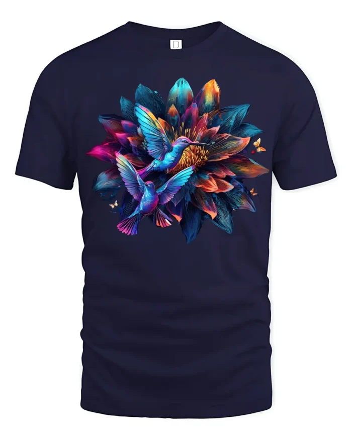 Hummingbird Flower T-Shirt Colorful Nature Art Tee - navy t-shirt on white background