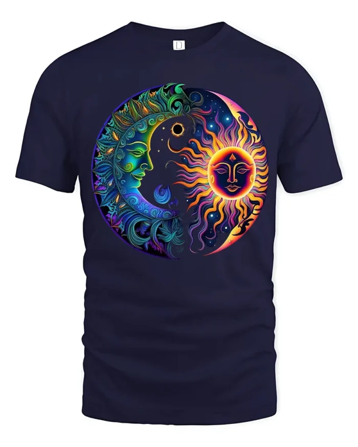 Celestial Energy T-Shirt Sun Moon Mandala Print Shirt - navy t-shirt on white background