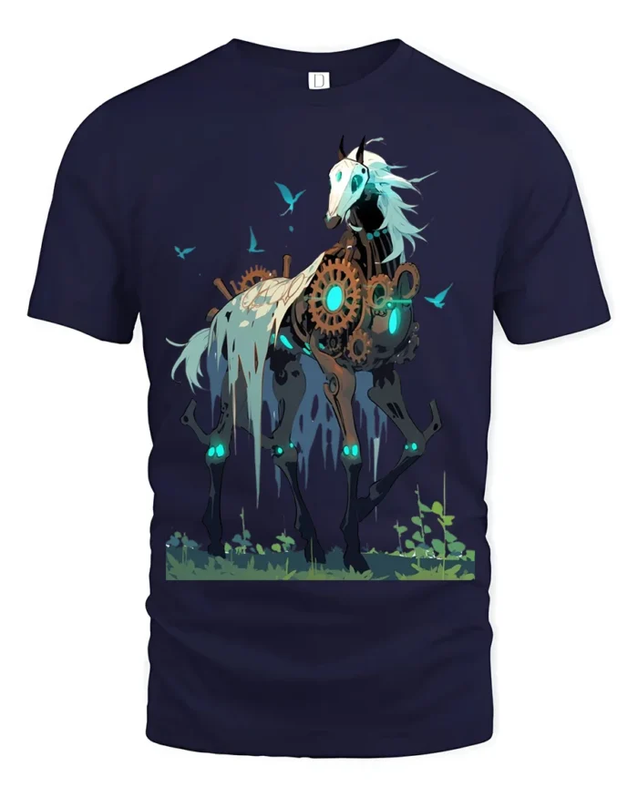 Steampunk Skeleton Horse T-Shirt Fantasy Dark Art Tee - navy t-shirt on white background