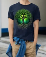 Tree of Life Nature Forest Graphic T-Shirt Eco Style - model wearing navy shirt, hands in pockets