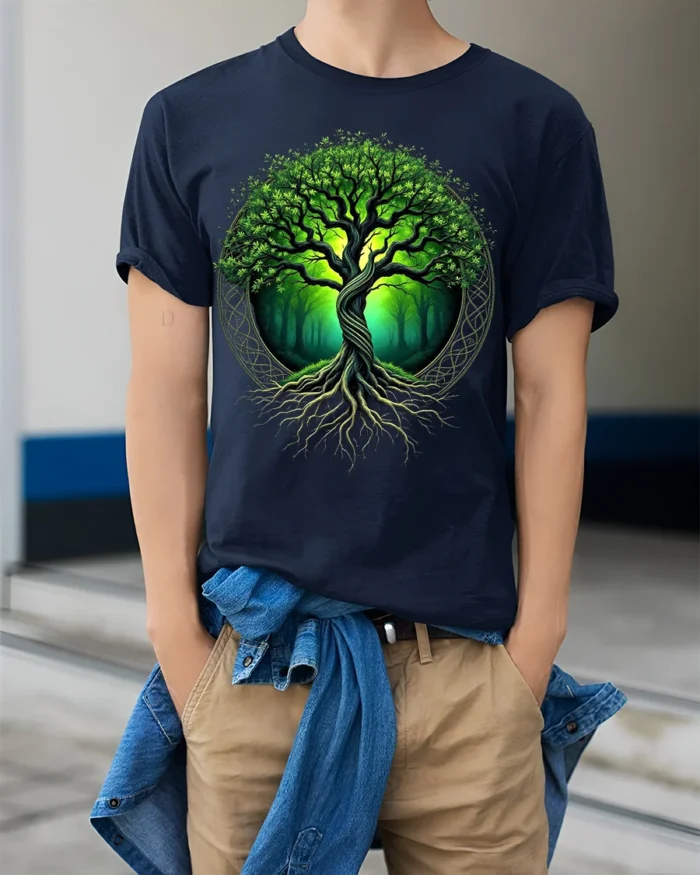 Tree of Life Nature Forest Graphic T-Shirt Eco Style - model wearing navy shirt, hands in pockets