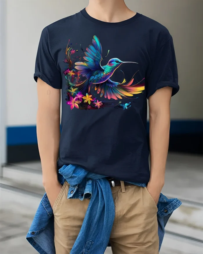 Vibrant Hummingbird T-Shirt Colorful Floral Bird Tee - model wearing navy shirt, hands in pockets