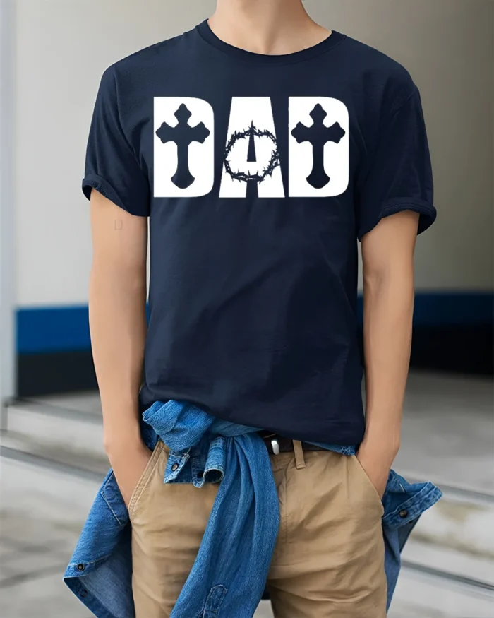 Christian Dad T-Shirt with Cross and Crown of Thorns Print - model wearing navy shirt, hands in pockets