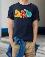 Colorful Dad T-Shirt with Tools Fun Father’s Day Gift Tee - model wearing navy shirt, hands in pockets