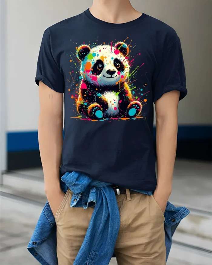 Neon Paint Splash Panda T-Shirt Vibrant Animal Art Tee - model wearing navy shirt, hands in pockets
