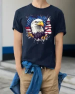 American Eagle Flag T-Shirt Patriotic USA Graphic Tee - model wearing navy shirt, hands in pockets
