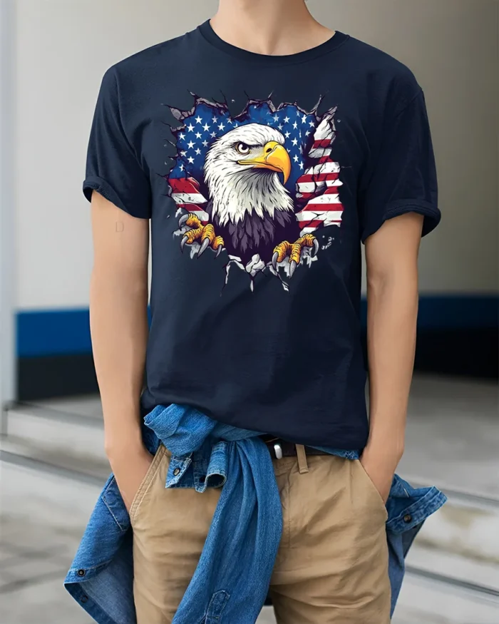American Eagle Flag T-Shirt Patriotic USA Graphic Tee - model wearing navy shirt, hands in pockets