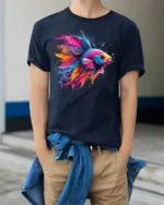Color Splash Betta Fish T-Shirt Artistic Aquatic Tee - model wearing navy shirt, hands in pockets