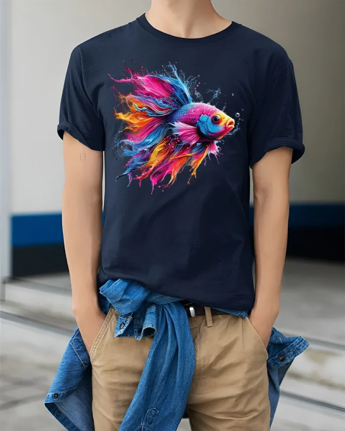 Color Splash Betta Fish T-Shirt Artistic Aquatic Tee - model wearing navy shirt, hands in pockets