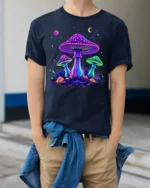 Psychedelic Glow Mushroom T-Shirt Trippy Nature Tee USA - model wearing navy shirt, hands in pockets