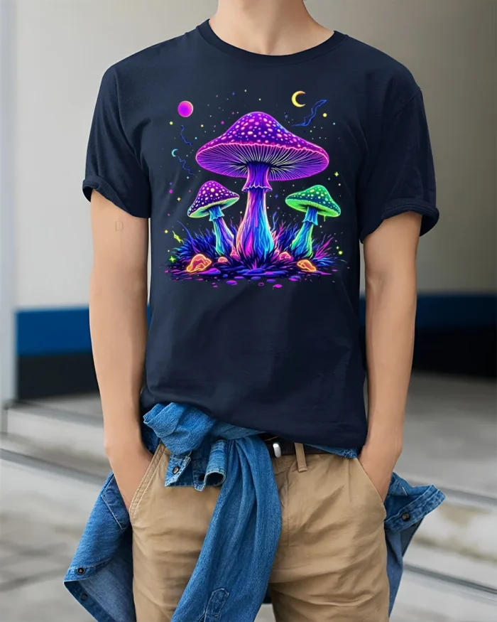 Psychedelic Glow Mushroom T-Shirt Trippy Nature Tee USA - model wearing navy shirt, hands in pockets