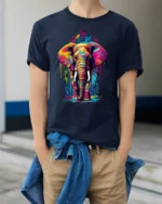 Colorful Elephant Graphic T-Shirt Artistic Safari Style - model wearing navy shirt, hands in pockets