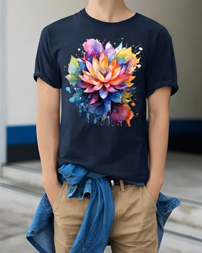 Psychedelic Lotus Flower T-Shirt Bold Botanical Design - model wearing navy shirt, hands in pockets