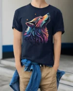 Galaxy Wolf Spirit T-Shirt Vibrant Cosmic Animal Tee - model wearing navy shirt, hands in pockets