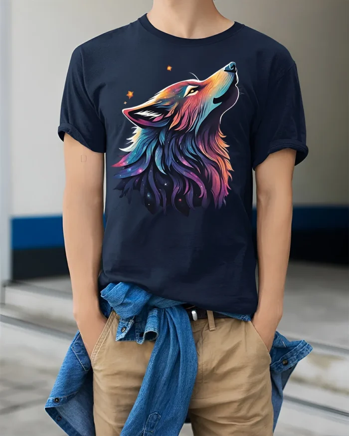 Galaxy Wolf Spirit T-Shirt Vibrant Cosmic Animal Tee - model wearing navy shirt, hands in pockets