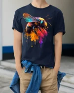 Abstract Bee Graphic T-Shirt Bold Colorful Design - model wearing navy shirt, hands in pockets