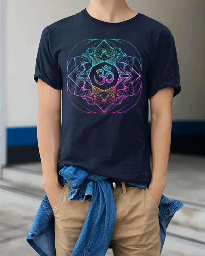 Om Symbol Yoga T-Shirt Colorful Sacred Design Tee - model wearing navy shirt, hands in pockets