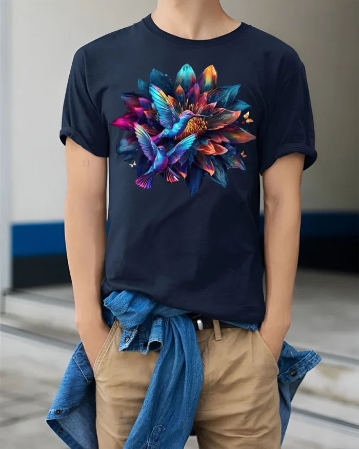 Hummingbird Flower T-Shirt Colorful Nature Art Tee - model wearing navy shirt, hands in pockets