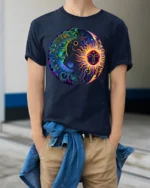 Celestial Energy T-Shirt Sun Moon Mandala Print Shirt - model wearing navy shirt, hands in pockets