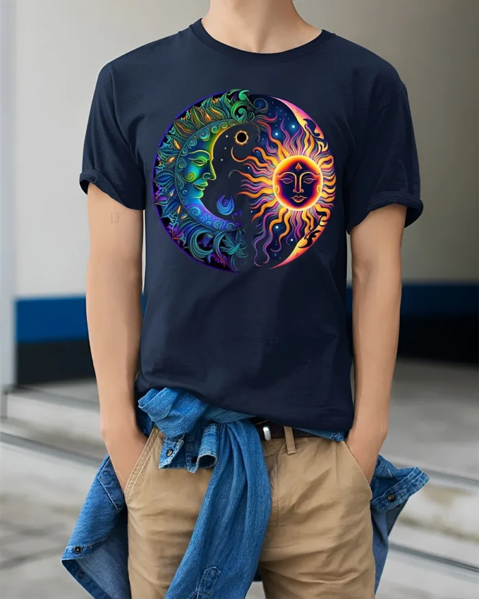 Celestial Energy T-Shirt Sun Moon Mandala Print Shirt - model wearing navy shirt, hands in pockets