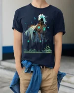 Steampunk Skeleton Horse T-Shirt Fantasy Dark Art Tee - model wearing navy shirt, hands in pockets