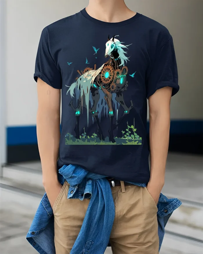 Steampunk Skeleton Horse T-Shirt Fantasy Dark Art Tee - model wearing navy shirt, hands in pockets