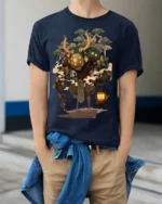 Forest Guardian T-Shirt Mythical Tree Spirit Graphic Tee - model wearing navy shirt, hands in pockets