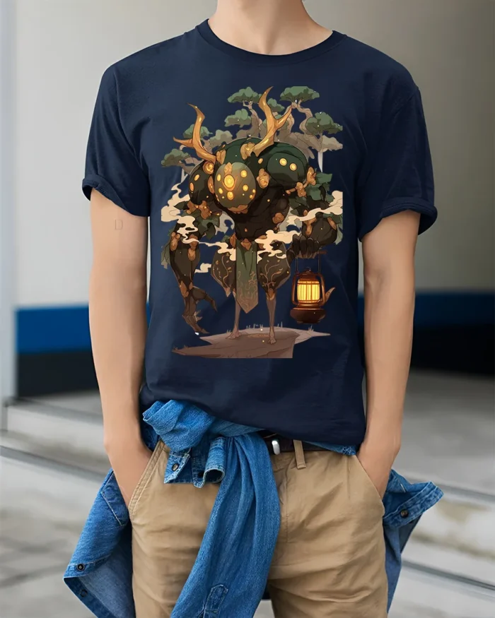 Forest Guardian T-Shirt Mythical Tree Spirit Graphic Tee - model wearing navy shirt, hands in pockets