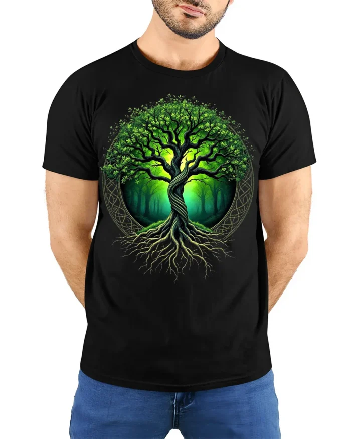 Tree of Life Nature Forest Graphic T-Shirt Eco Style - model wearing black shirt, hands behind back