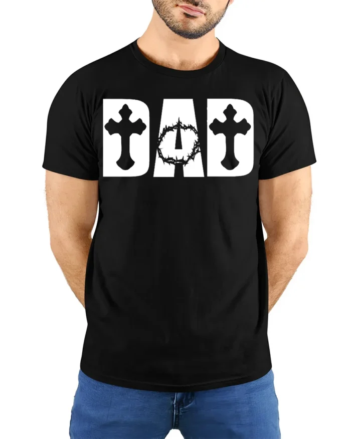 Christian Dad T-Shirt with Cross and Crown of Thorns Print - model wearing black shirt, hands behind back