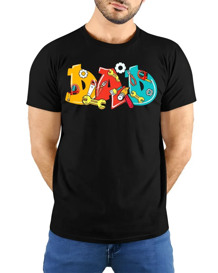 Colorful Dad T-Shirt with Tools Fun Father’s Day Gift Tee - model wearing black shirt, hands behind back