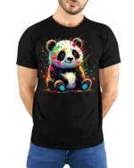 Neon Paint Splash Panda T-Shirt Vibrant Animal Art Tee - model wearing black shirt, hands behind back
