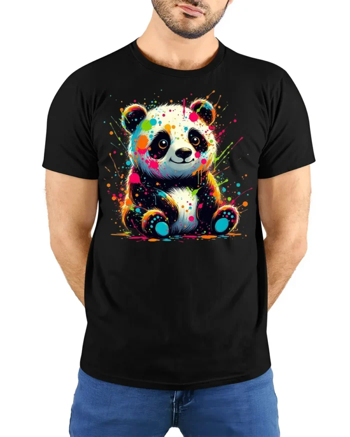 Neon Paint Splash Panda T-Shirt Vibrant Animal Art Tee - model wearing black shirt, hands behind back