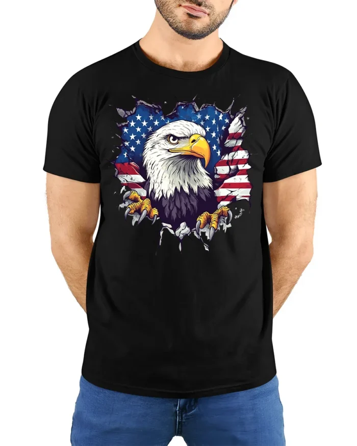 American Eagle Flag T-Shirt Patriotic USA Graphic Tee - model wearing black shirt, hands behind back