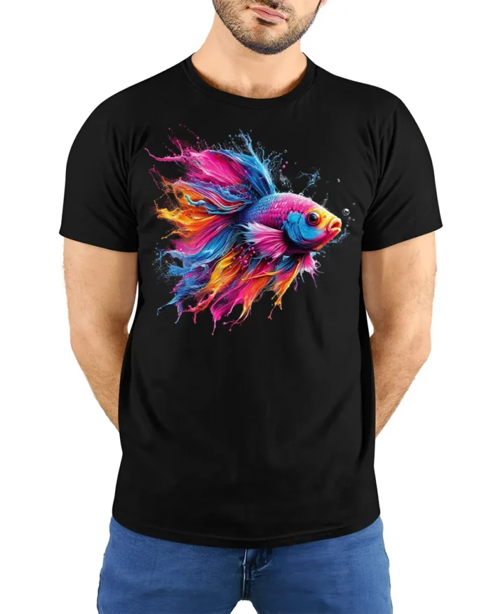 Color Splash Betta Fish T-Shirt Artistic Aquatic Tee - model wearing black shirt, hands behind back