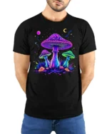Psychedelic Glow Mushroom T-Shirt Trippy Nature Tee USA - model wearing black shirt, hands behind back