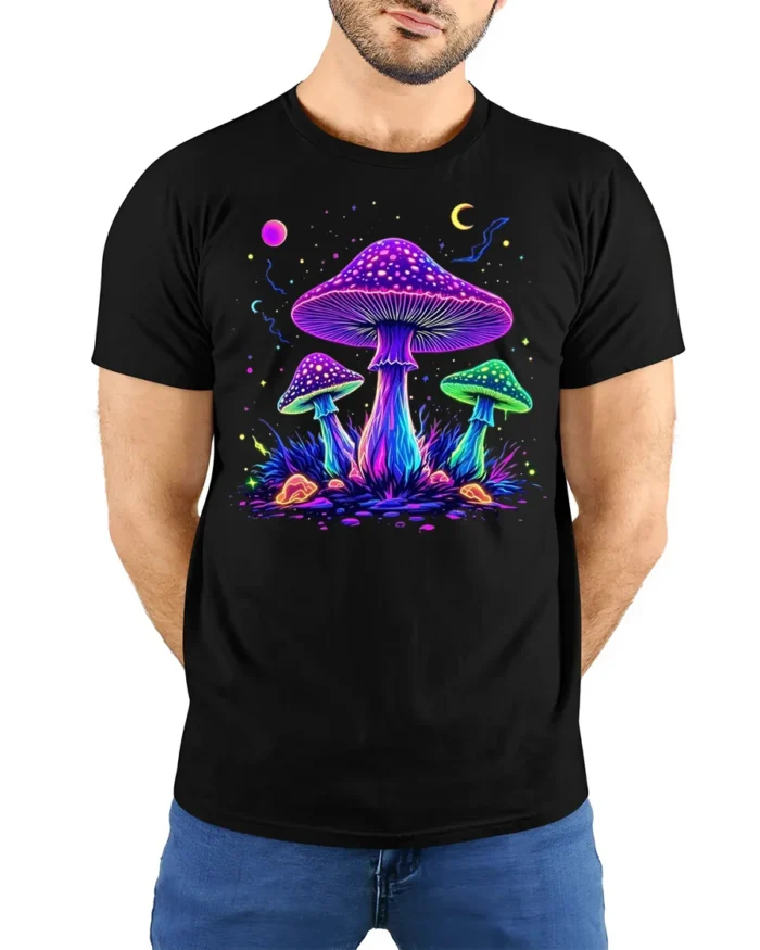 Psychedelic Glow Mushroom T-Shirt Trippy Nature Tee USA - model wearing black shirt, hands behind back
