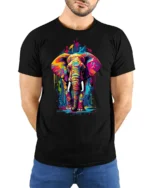 Colorful Elephant Graphic T-Shirt Artistic Safari Style - model wearing black shirt, hands behind back