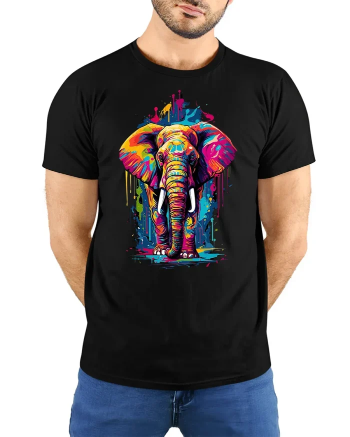 Colorful Elephant Graphic T-Shirt Artistic Safari Style - model wearing black shirt, hands behind back